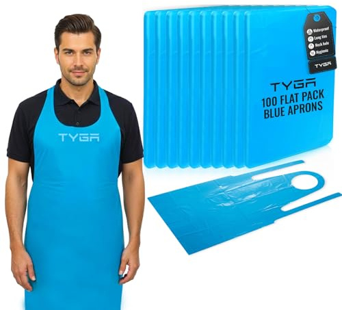 TYGA Disposable Polythene Aprons, Blue, Flat Pack, Pack of 1000 | Lightweight Waterproof Design, Use For Cleaning, Kitchen & Daily Work, PPE Aprons, Easy To Wear & Remove, Comfortable