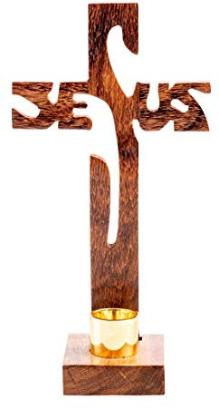 NKlaus Standkreuz Jesus Höhe 19cm Stehkreuz aus Holz lackiert für Stabkerze Ø 2,0-2,3cm