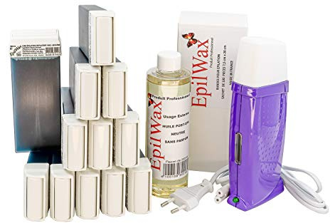 EpilWax Royal Enthaarungsset Komplett mit: Professionellem Wachswärmer,12 Roll-On Wachs 100 ml Azulen, 100 Enthaarungsstreifen, 1 Flasche mit 250ml Öl nach der Enthaarung (Royal Serie Azulen 12)