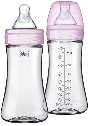 Chicco Duo, bibiberon ibrido da 266 ml, con vetro Invinci/esterno in plastica, confezione da 2, a flusso lento, capezzolo anti-colico, rosa