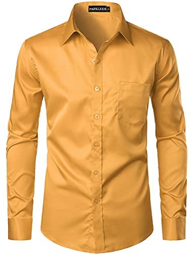 PARKLEES Men's Urban Stylish Casual Business Slim Fit Long Sleeve Button Up Dress Shirt with Pocket Golden M