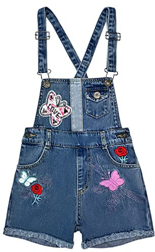 Peacolate 4-10 Jahre Kleines Groß Mädchen Latzhose Bestickte Pailletten Umdrehen Schmetterling Denim Kurze Jeans Overalls(6-7 Jahre)
