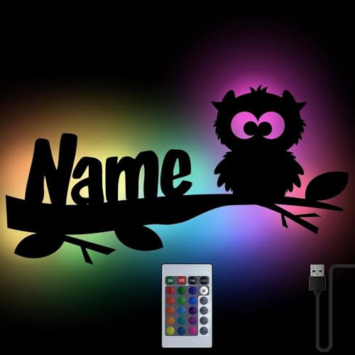 Eule auf Ast Personalisiert Farbwechsel Wand-Lampe Nachtlicht Geschenke mit Namen Schlummerlicht Holz Licht I USB + Fernbedienung