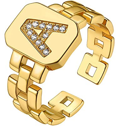 GOLDCHIC JEWELRY Damen Kupfer Buchstaben Ring mit Zirkonia Dekoriert Offener Verstellbarer Stapelbarer Initiale Alphabet A Buchstaben Namen Ring in Gold für Freund Paare Schwester Mutter