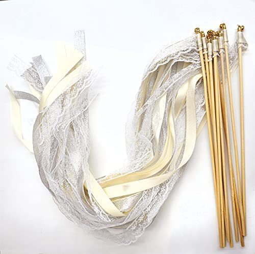 Lot de 30 baguettes magiques de mariage avec cloches - Serpentins en soie - Pour mariage, fête, fête prénatale, anniversaire, vacances, Noël, beige