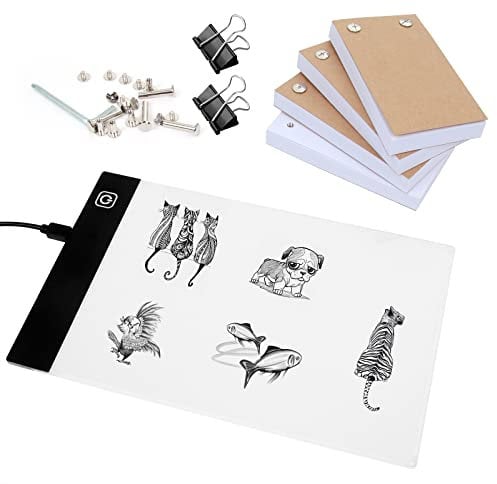 Flip Book Kit mit Lichtblock – A5 LED Leuchttafel/Box & 320 Blatt Flipbook für Andymation | Zeichnen | Durchführung | Skizzieren | Flip Bücher Papier mit Löchern & Bindungsschrauben