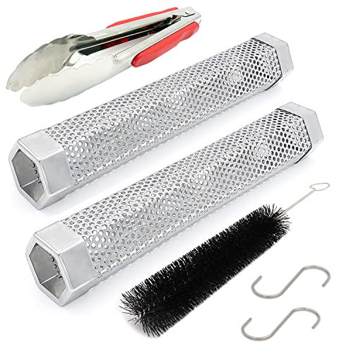 12 Pellet Smoker Tube for pellet Grill 2 Pack Cold Smoker Generator for BBQ Stainless Steel Wood Pellet Tube Smoker Fit Electric Gas Charcoal Grill, Provides Food tong and Brush and Hook