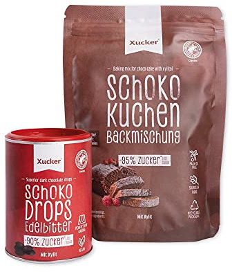 Xucker Schokokuchen-Set - Backmischung und Schokodrops Edelbitter - zuckerarme Muffin Backmischung mit Xylit gesüßt I Brownies Backmischung mit veganen Schokodrops zum Backen (min. 75% Kakaoanteil)