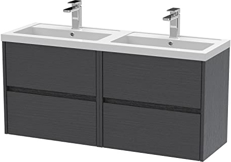 Hudson Reed Wall Hung 4 Drawer Vanity Unit & Double Polymarble Basin, 1200mm, Woodgrain Graphite Grey