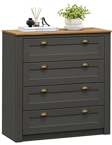 IDIMEX Kommode Bolton aus Massivholz in anthrazit/braun, Sideboard mit 4 Schubladen und Muschelgriffen aus Metall, Sideboard aus Kiefer, Holz lackiert