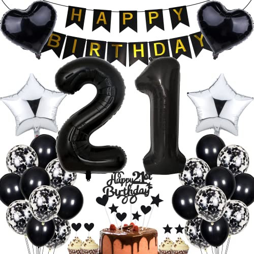 Jrzyhi Luftballon 21. Geburtstag Dekoration - Party Deko Schwarz Tortendeko für Männer und Frauen - Geburtstagsdeko 21 Jahre