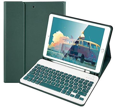 SOPPY Custodia con Tastiera per iPad 6a Generazione 2018, 5a Gene 2017, iPad Pro 9.7, Air 2/1 con Bluetooth Tastiera Rimovibile Wireless Cover, con Slot per Penna Stilo, Layout Italian - Verde Scuro