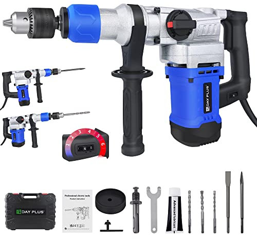 Rotary Hammer Drill Kit | SDS Plus 3-in-1 Drill - Drilling, Impact Drilling, Chiselling | 1080W, 4 Joule Impact Force, 360° Rotation, 0-6 Gear Speed, Incl. 3 Drill Bits, Flat & Pointed Chisels (Blue)