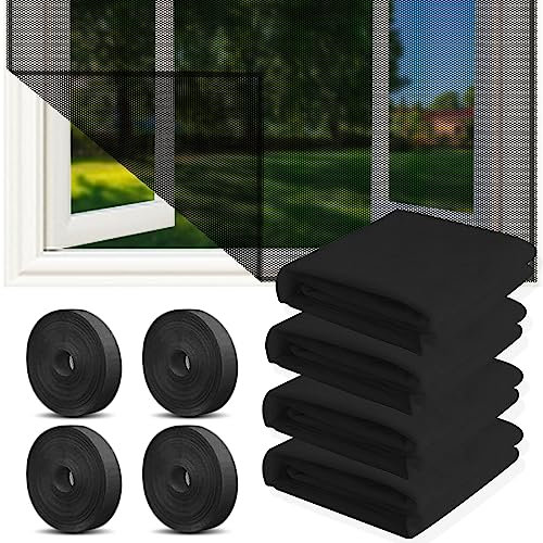 4 Pcs Moustiquaire Fenetre, 150x130cm Moustiquaire pour fenêtre, Toile Moustiquaire Découpable avec 4 rouleaux de bandes autocollantes, Filet Écran Insecte (Noir)