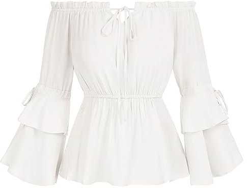 SCARLET DARKNESS Women Renaissance Top Off Shoulder Victorian Blouse 3/4 Bell Sleeve Spliced Peplum Tops White L