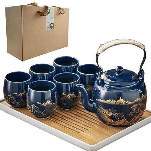Japanisches Tee-Set, 6 Stück, 1,2 l, blaue Porzellan-Teekanne und 6 Tassen, goldfarbenes handbemaltes Teegeschirr mit Edelstahl-Teesieb und Tablett, traditioneller Stil, Geschenk für Teeliebhaber