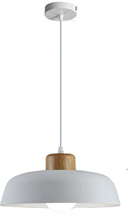 EKSED 300 mm runde Pendelleuchte mit Metallschirm in Macaron-Farbe, moderne, schlichte Holzoptik, E27-Loft-Bar-Decken-Hängelampe, Kücheninsel-Esszimmer-Kronleuchter (Weiß)