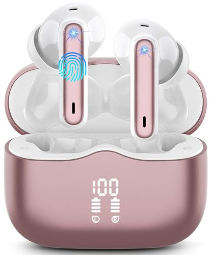 Wireless Earbuds, Bluetooth 5.3 Headphones in Ear with HiFi Stereo Deep Bass, 4 ENC Noise Cancelling Mic Wireless Earphones 40H Playtime, Bluetooth Earbud Dual LED Display, IP7 Waterproof, Rose