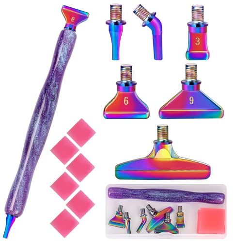 Snewvie Diamond Painting Stift Metall Aufsätze,Diamond Painting Zubehör Set mit 1 Style 5D Drill Pen und 6 Styles Bunte Metall Ersatzköpfe,Diamond Painting Stift mit Gewinde(Lila)