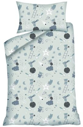 Hajran Linen 100% Pure Cotton 2 Pcs Baby Cot Duvet/Quilt Cover Set | 1 Duvet/Quilt Cover (120 x 90 cm) & 1 Pillowcase (40 x 60 cm) | Breathable, Soft, Comfy, Anti-allergic (Grey Teddy & Moon)