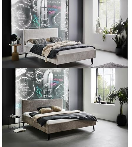 Faizee Möbel Avola Beige/Taupe 140x200/180x200 Polsterbett aus Eichenholz Stoffbezug Polsterung großes Kopfteil Einzel/Doppelbett Schlafzimmer (Taupe, 180x200)
