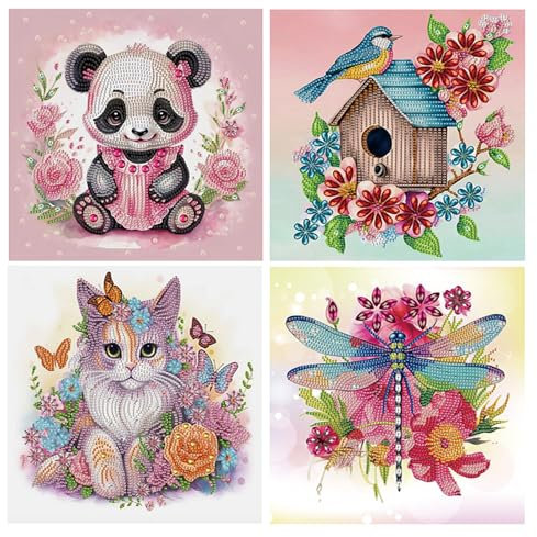 DCIDBEI Lot de 4 Diamant Peinture Strass Spécial Chat 30x30 cm Diamant Peinture par Numéros Libellule Diamant Painting Panda Ours Broderie Diamant Oiseau sur Toile Débutants Animaux Puzzle Diamant