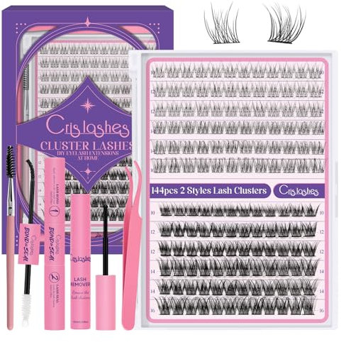 Crislashes Faux-Cils-Kit, Kit-Extension-de-Cils D Curl Mix 10-16 mm 144pcs, Kit d'extension de Cils e Colle Faux Cils, Dissolvant de Cils et Pince à épiler, Cils à DIY à la maison (Tender01)
