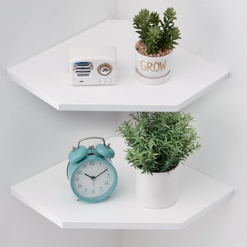 Gieanoo Corner Shelf, Set of 2 Solid Oak Wood White Floating Corner Shelf Wall Mount Organizer with Wire Hole Small Plant Display for Kitchen Living Room Bedroom Oak