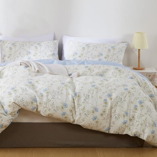 AShanlan Bettwäsche Blumen 155x220 Baumwolle Blau Weiß Blümchen Blumenmuster Bettbezug mit Kissenbezug 80x80 cm Einzelbett Wende Bettwäsche Set Reißverschluss