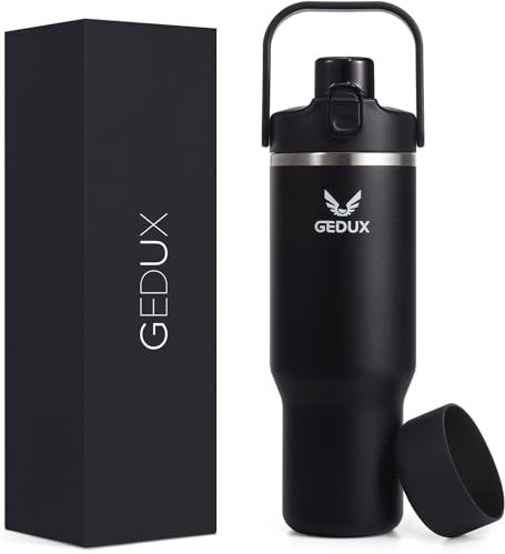 GEDUX 1000ml Edelstahl Tumbler mit Griff und Strohhalm, Vakuumisolierte Wasserflasche mit 2-in-1 Deckel (Schluckdeckel/Straw Deckel) und Silikonboden