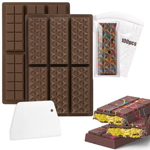 Tnhsvp 2 Pièces Moule Silicone Tablette de Chocolat Anti-Adhésifs Kit, Moules À Barres De Chocolat De Dubaï Super Profonds de 6 Cavités, avec Grattoirs et 100 Sacs, pour Praline, Chocolat