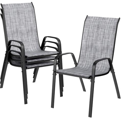 LIFERUN Gartenstühle Stapelstuhl Camping Stapelbar Hochlehner Terrassenstuhl Textilene Stahlgestell für Gärten Innenhöfe Balkone Restaurants 150 kg Belastbar 54 x 69 x 93cm (4pcs, Flachsgrau)