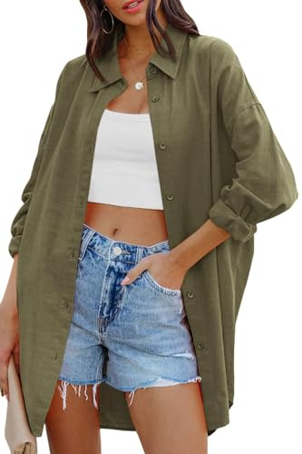 Cicy Bell Blusa para mujer oversized de manga larga con botones, camisas de algodón, parte superior casual de color sólido, camisetas de otoño, tops holgados con bolsillos, Verde militar., XL