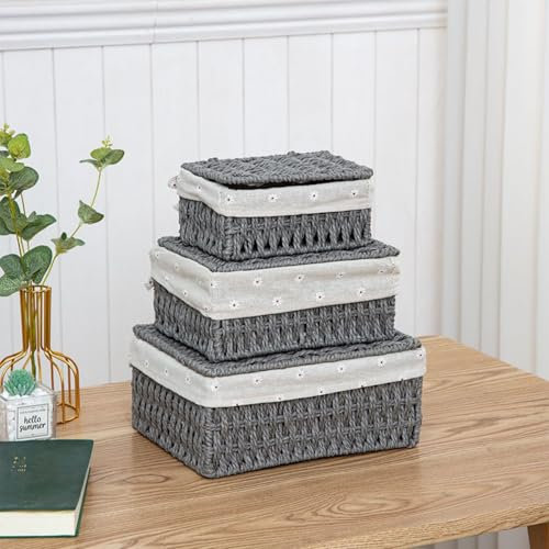 Colrid Aufbewahrungskorb 3er Set mit Deckel – Geflochtene Papierseil-Körbe mit Baumwollfutter, Boho Aufbewahrungsbox für Spielzeug, Badezimmer, Wohnzimmer – Naturfarben & Stapelbar (Grau)