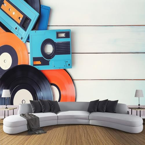 DLERFLOVR Papier Peint Disques Vinyles Papier Peint Panoramique Soie Cassettes Audio Rétro Revêtement Murale pour Chambre Salon Décorative 350x250cm