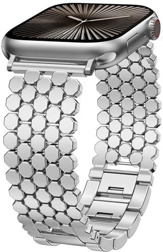 TOYOUTHS Compatible with Apple Watch Strap 41mm 40mm 38mm 42mm Women, Dressy Honeycomb Metal Strap Designer Silver Link Bracelet Wristband for iWatch Series 10 9 8 7 6 5 4 3 SE 2 1
