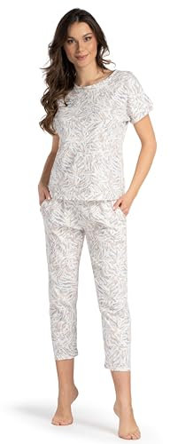 Mademoiselle Sommeil Damen Schlafanzug – 100 % Baumwolle – Kurzarmshirt & Caprihose – Naturprint Beige/Grau – Atmungsaktiv & Hautfreundlich