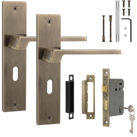 Decoranddecor Spectra Antique Brass Door Handles Internal Sash Lock & Keys | Sash Lock & Keys Included, 64mm Fire Rated, Lockable, Ready to Fit, Interior Door Handles, 200x45mm Plate