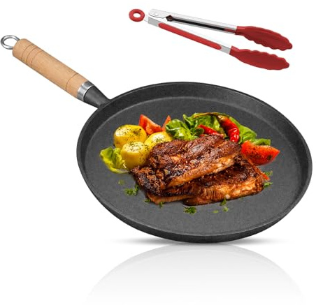 WIYETY Gusseisen Bratpfanne 20cm: Hölzerner Griff Flache Pfanne Runde Pfanne Gusseisen, Induktion Pfanne mit Silikon Lebensmittelclips für Outdoor Kochen, Gasgrill, Gas