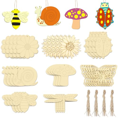 OIHCAZ DIY Wooden Craft Kit 40PCS, Unfinished Wooden Crafts Shapes Eight Animal & Plant Patterns with Lanyard, Smooth Poplar Wood Cutouts Hang Paintings for Art Projects and Decoration