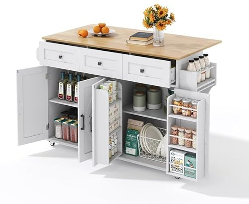 ZODICK Küche Insel mit Moderne, Küche Schrank, Esszimmer Warenkorb mit 5 Rollen, Faltbare Tisch Top, 3 Schubladen, 4 Türen, Tür Regal, 140x43(70) x 90,5 cm, Weiß