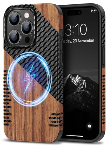 TENDLIN Magnetic Case Compatible with iPhone 15 Pro Max Case Wood Grain with Carbon Fiber Texture Design Leather Hybrid Slim Cover (Compatible with MagSafe) Twill