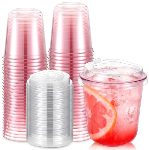 LemonRoad 50 Pack 12 Oz Pink Clear Plastic Cups with Sip Lids Round Bottom Disposable Iced Coffee Cups with Strawless Lids for Iced Coffee Juices Smoothie Cold Beverage Party Catering Supplies