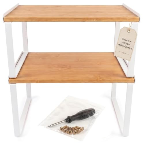 VyaNova Estanteria Almacenaje Cocina, Set 2 Estantes Bambú y Metal (Blanco) | Organizador Encimera | Estante Especias | Antideslizante | Fácil Limpieza | Apilable | Modular | Baño | Escritorio
