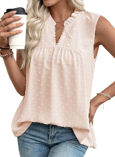 EVALESS Womens Tops Lace Ruffle V Neck Sleeveless Dressy Casual Blouses Elegant Swiss Dot Smocked Boho Tank Top Camisole 2026 Trendy Spring Summer Plus Size Oatmeal XX-Large