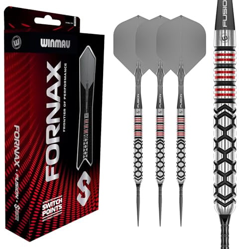 WINMAU FORNAX Darts – Professionelle Darts 90% Wolfram, Schwarze/rote parallele & konische Barrels, Switch Point, 2 Spitzen, Kurze Schäfte & Flights, 21/22/23/24 g Darts