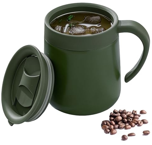 YiZhou Insulated Coffee Mug with Lid, 300ml Double Wall Stainless Steel Thermal Travel Mug, Leak-Proof for Hot & Cold Drinks, Portable Reusable Coffee Cup with Non-Slip Handle (Army Green)