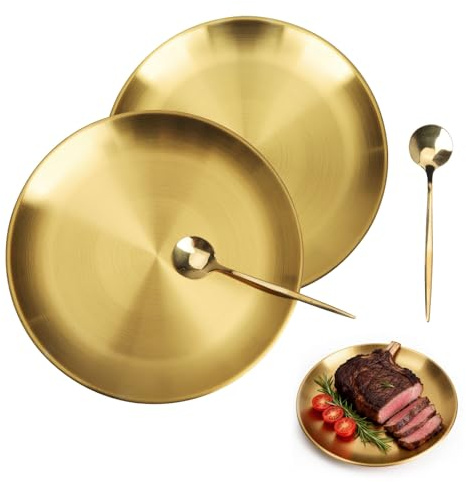 WOKICOR Bandeja Redonda de Acero Inoxidable de 2 Piezas con Cuchara Pequeña, Plato Decorativo Dorado, Plato Redondo de 20 cm, Bandejas Doradas Adecuadas para el Hogar y Cocina