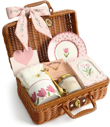 Personalised Gifts for Mum Women Birthday Gifts Basket Set Scented Candles & Ceramic Cups, Saucers, Spoon & Towels &Socks Mothers Day Prensents Birthday Pamper Gifts for Mum, Mom, Wife, Her, Female