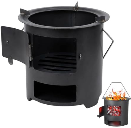 Camping - 28x28x24cm | Feuerstelle aus Edelstahl mit Outdoor Ofen mit Griff, für Terrasse, Garten, Picknick, Winter, Wandern, Rucksack, Outdoor